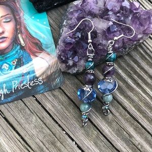 Handmade Wire Wrapped Amethyst Blue Apatite Gemstone Dangle Earrings